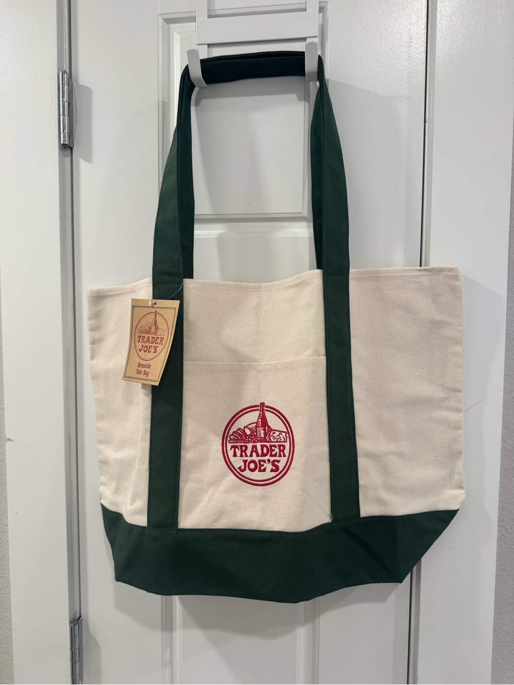 Trader Joe's Canvas Tote Bag in Natural with Dark Green Accents
